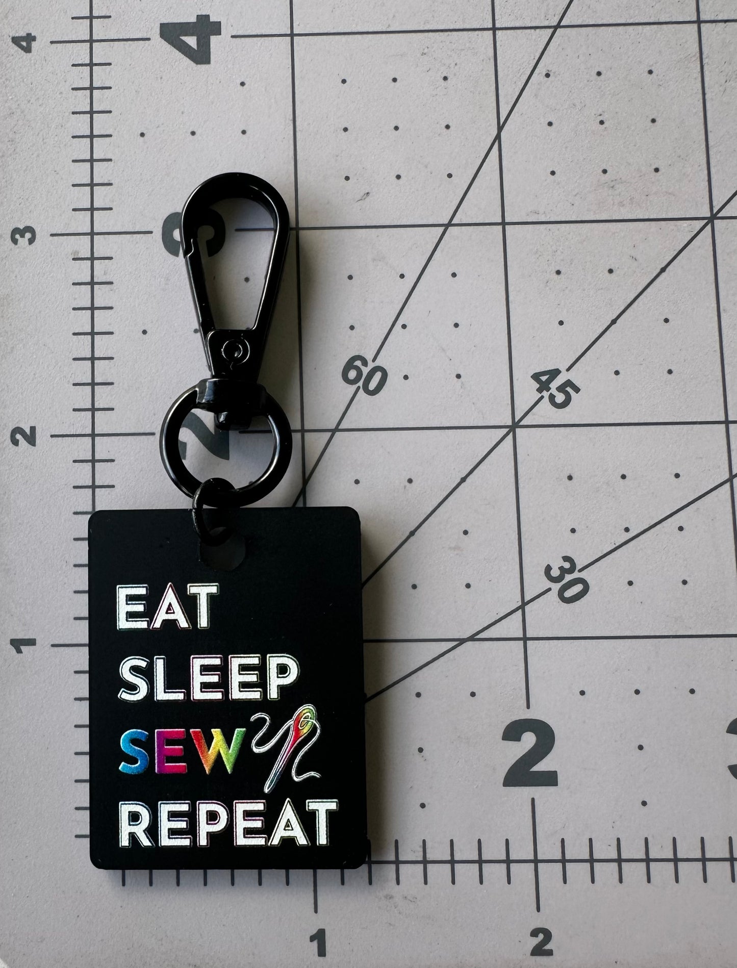 Color Printed Bag Charms - Eat Sleep Sew Repeat - Black Acrylic