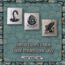 Load image into Gallery viewer, "Cryptid Cuties" 3-pack - Color Printed Cork Tags