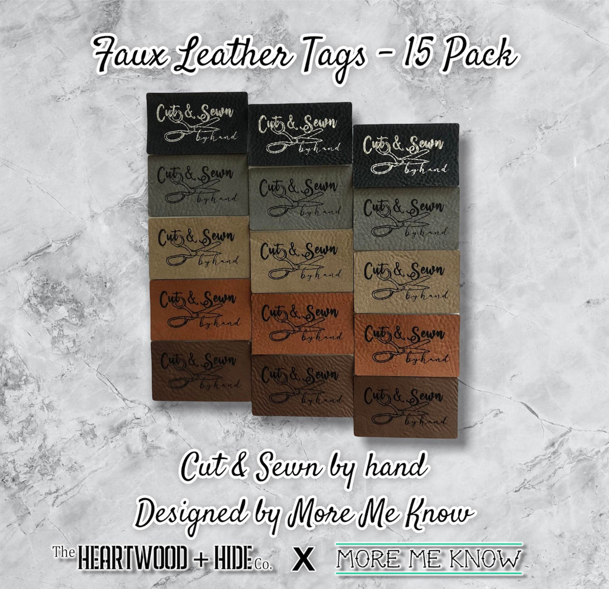 "Cut & Sewn by Hand" Engraved Faux Leather Tags 15 Pack The