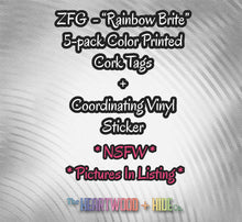 Load image into Gallery viewer, "ZFG" Color Printed Cork Tags + Coordinating Vinyl Sticker - "Rainbow Brite"