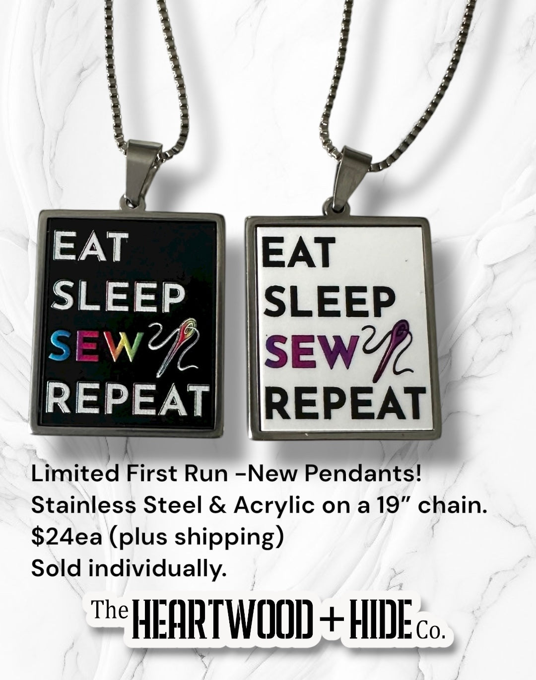 Super Secret First Dibs Listing For "Eat Sleep Sew Repeat" Acrylic and Stainless Steel Necklace
