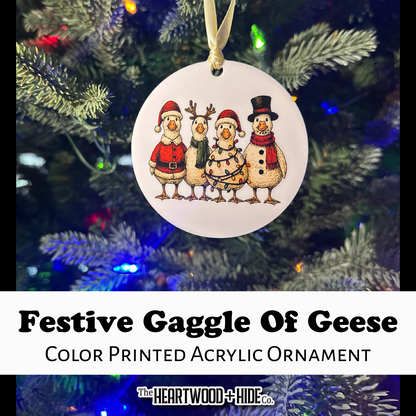 Color Printed Acrylic Ornament - Festive Gaggle Of Geese - Matte White Acrylic