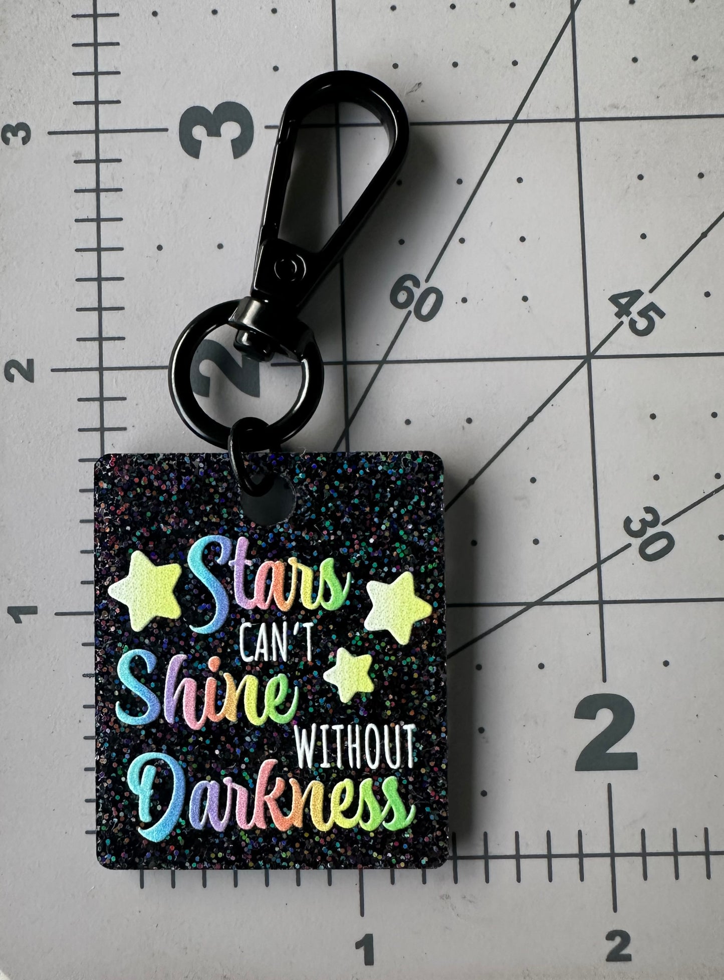 Color Printed Bag Charms - Stars Can't Shine Without Darkness - Black Sparkle Acrylic