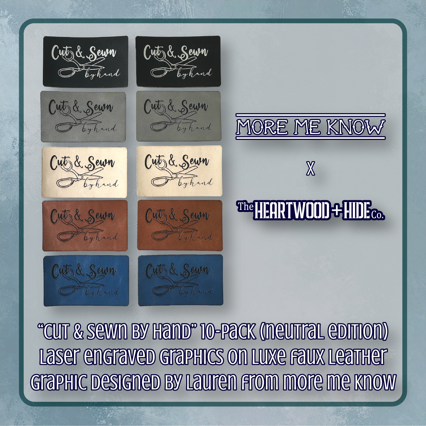 "Cut & Sewn by Hand" Laser Engraved Luxe Thin Faux Leather Tags - Neutral 10 Pack