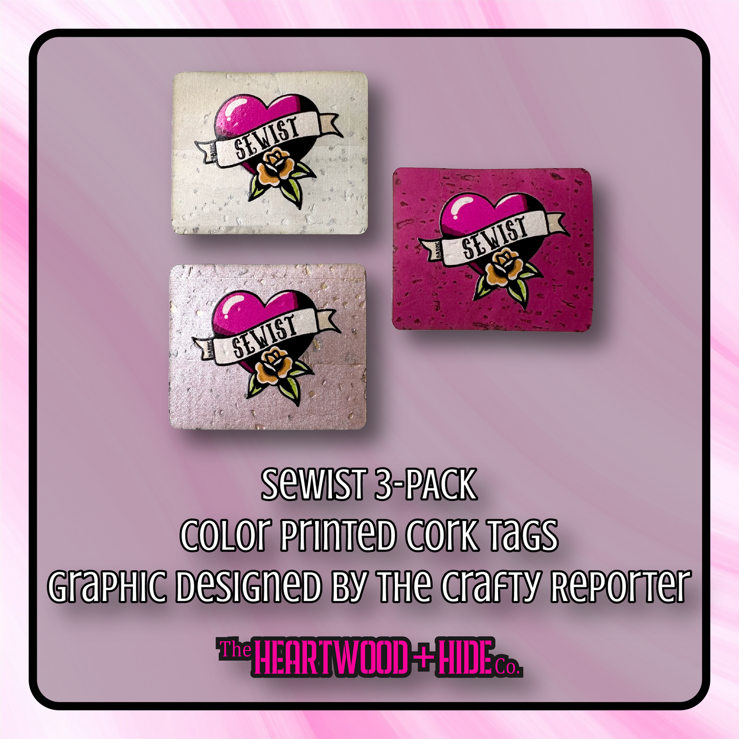 "SEWIST" - Color Printed Cork Tags 3-Pack