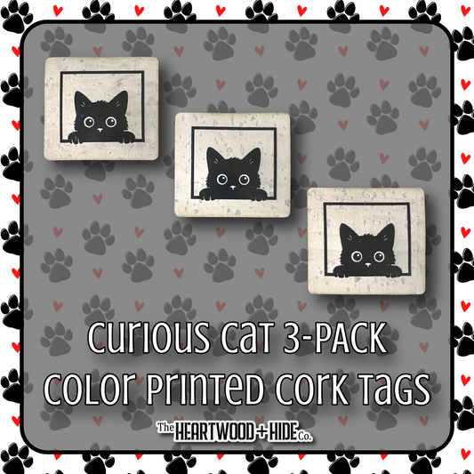 "Curious Cat" 3-Pack - Color Printed Cork Tags