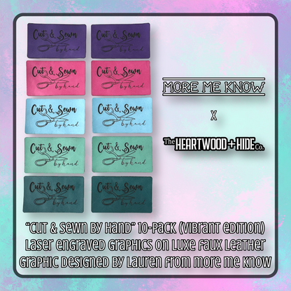 "Cut & Sewn by Hand" Laser Engraved Luxe Thin Faux Leather Tags - Vibrant 10-Pack