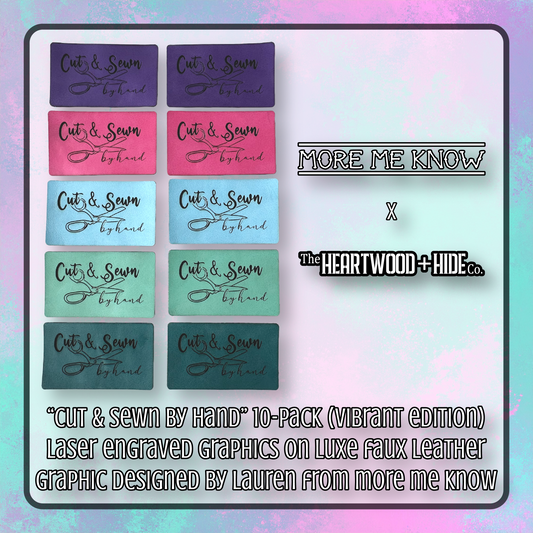 "Cut & Sewn by Hand" Laser Engraved Luxe Thin Faux Leather Tags - Vibrant 10-Pack