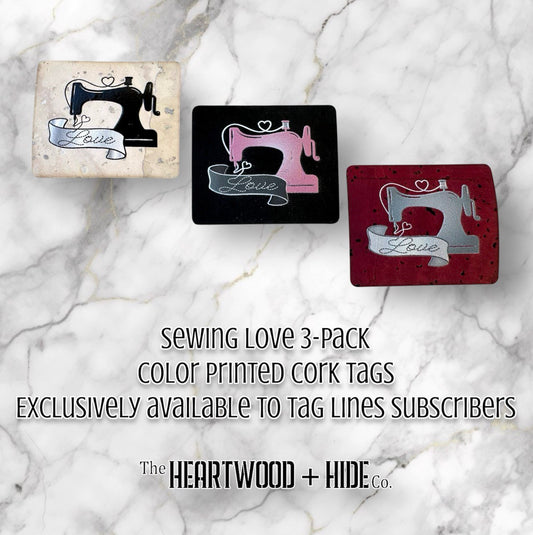 "Sewing Love" 3-pack - Color Printed Cork Tags - Tag Lines Subscriber Exclusive Access!
