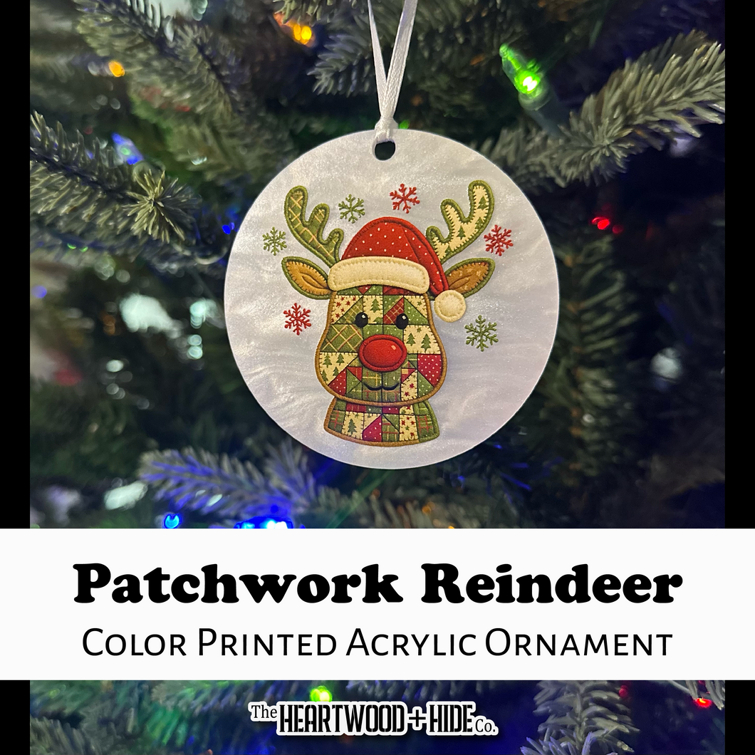Color Printed Acrylic Ornament - Patchwork Reindeer - Pearl White Acrylic