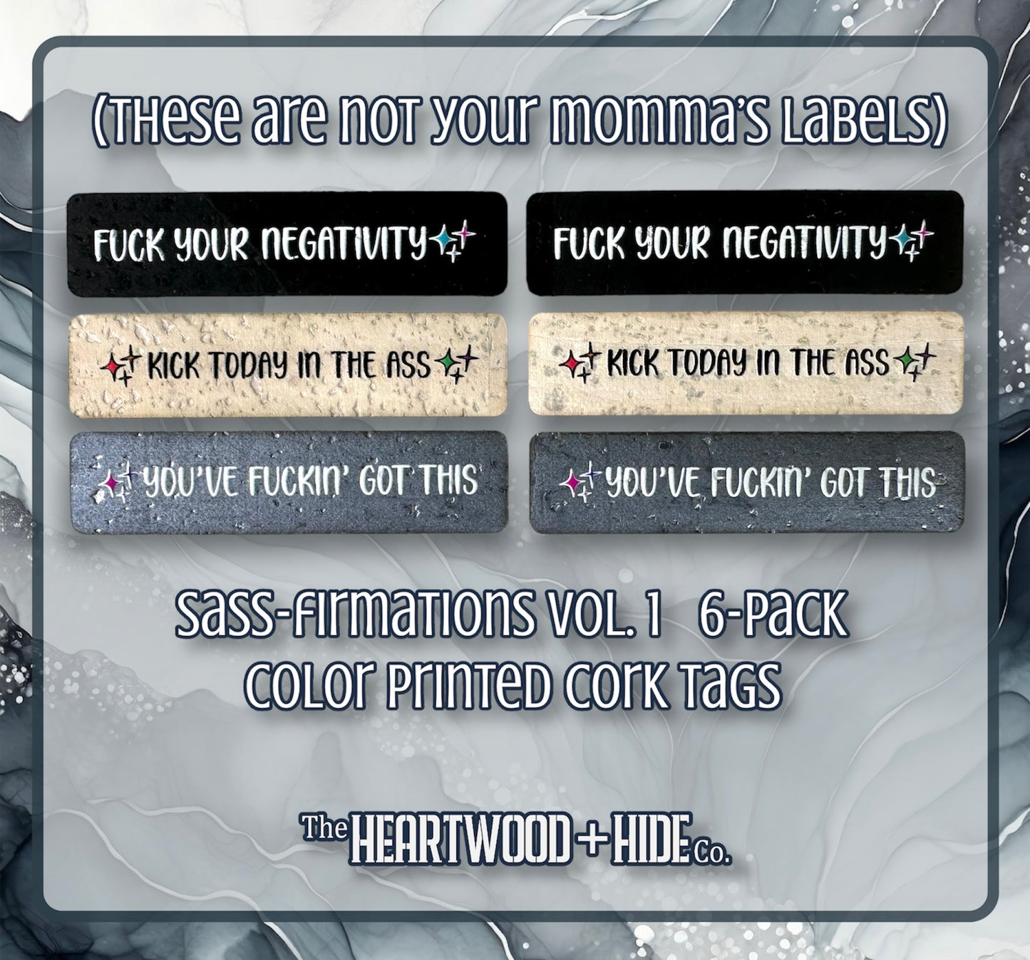 "Sass-firmations Vol. 1" - Color Printed Cork Tags 6-Pack