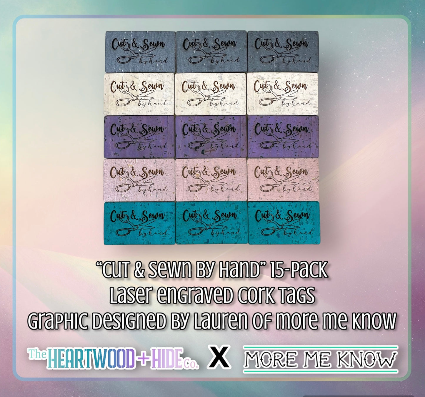 "Cut & Sewn by Hand" 15-Pack  Color Palette 2.0 - Laser Engraved Cork Tags