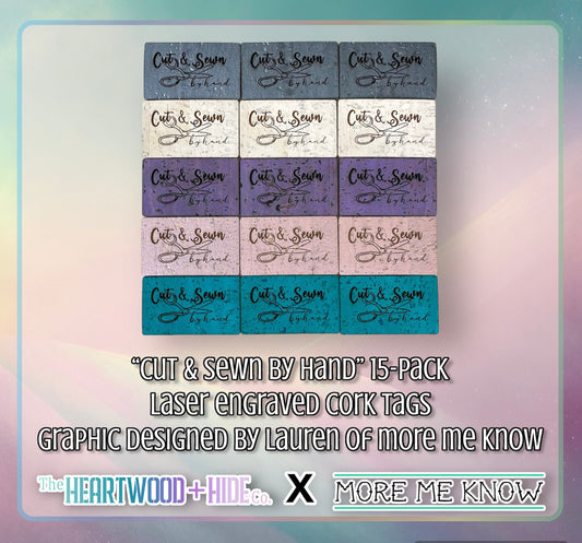 "Cut & Sewn by Hand" 15-Pack  Color Palette 2.0 - Laser Engraved Cork Tags