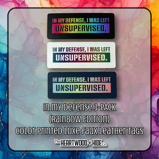 "In My Defense (Rainbow Edition)" 3-pack - Color Printed Luxe Faux Leather Tags