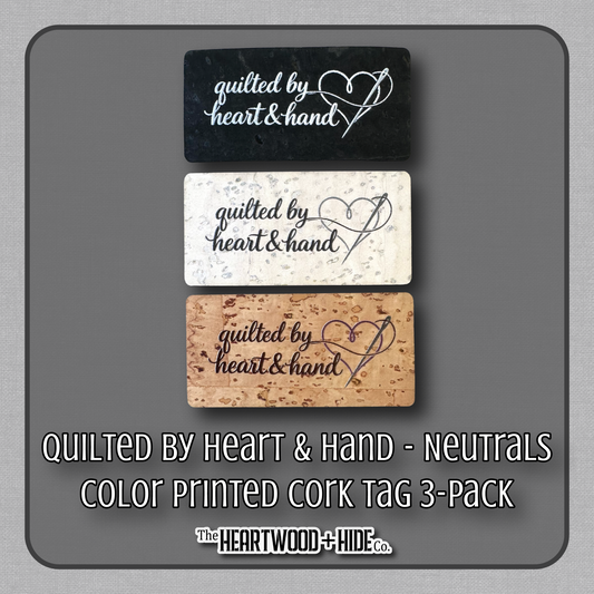 "Quilted by Heart & Hand" - Neutral 3-Pack - Color Printed Cork Tags