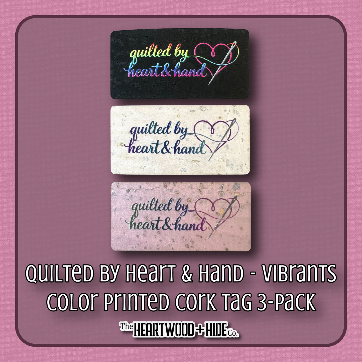 "Quilted by Heart & Hand" - Vibrant 3-Pack - Color Printed Cork Tags