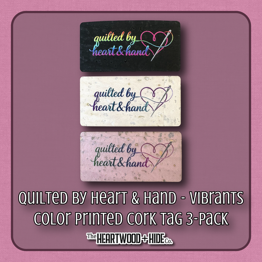 "Quilted by Heart & Hand" - Vibrant 3-Pack - Color Printed Cork Tags