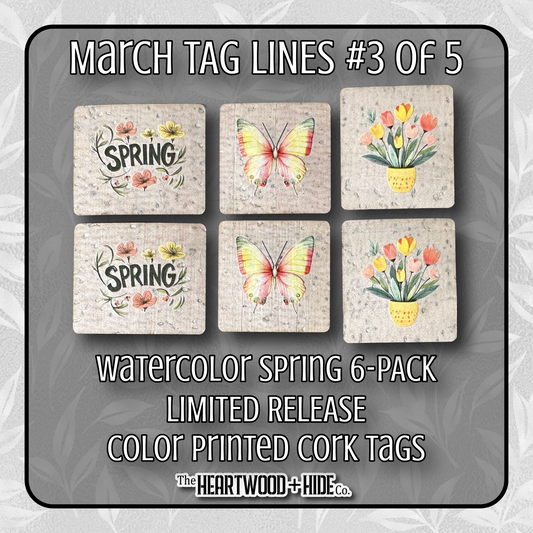 "Watercolor Spring" 6-Pack - LIMITED RELEASE Color Printed Cork Tags [TL '26 Mar 3 of 5]