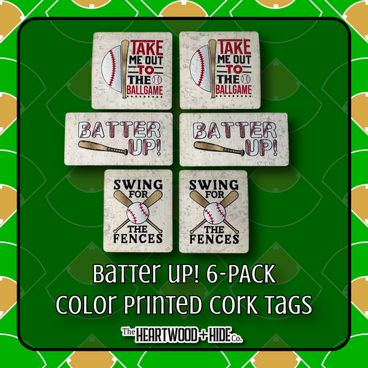 "Batter Up!" 6-Pack - Color Printed Cork Tags