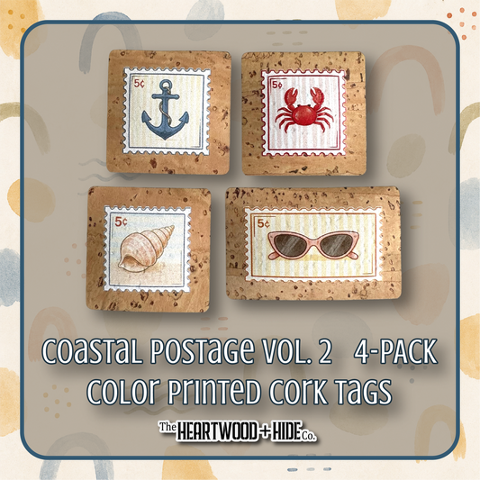 "Coastal Postage Vol. 2" 4-pack - Color Printed Cork Tags