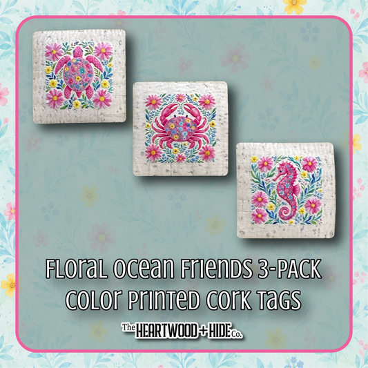 "Floral Ocean Friends" 3-pack - Color Printed Cork Tags
