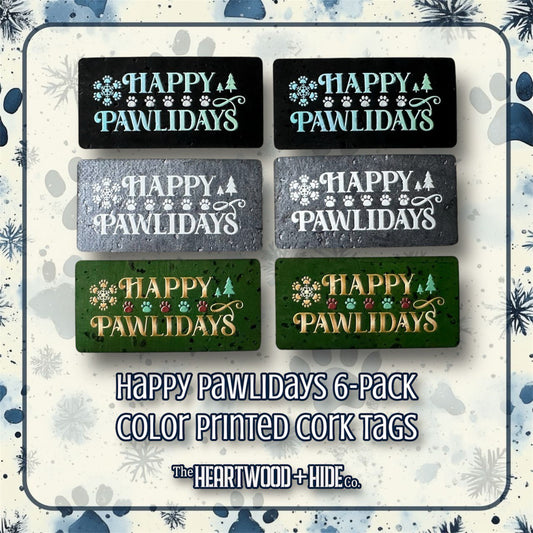 "Happy Pawlidays" Color Printed Cork Tags (6 Pack)