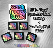Load image into Gallery viewer, &quot;ZFG&quot; Color Printed Cork Tags + Coordinating Vinyl Sticker - &quot;Pastel&quot;
