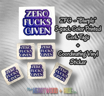 "ZFG" Color Printed Cork Tags + Coordinating Vinyl Sticker - "Blurple"