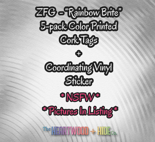 "ZFG" Color Printed Cork Tags + Coordinating Vinyl Sticker - "Rainbow Brite"
