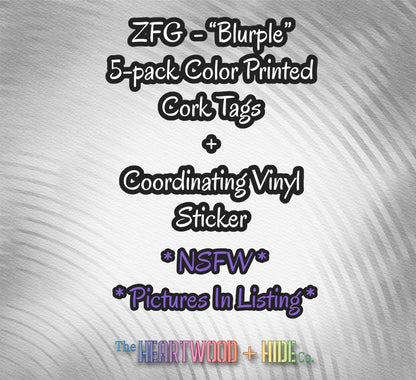 "ZFG" Color Printed Cork Tags + Coordinating Vinyl Sticker - "Blurple"