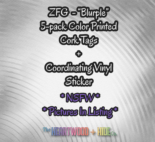 "ZFG" Color Printed Cork Tags + Coordinating Vinyl Sticker - "Blurple"